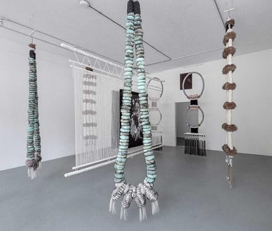 Installation view, Eric-Paul Riege, (my god, YE’ii [1-2]) (jaatłoh4Ye’iitsoh [1–6]) (a loom betweenMe+U, dah ‘iistł’ǫ́), Bockley Gallery, 2021. Photo by Rik Sferra. Image courtesy of the artist andBockley Gallery