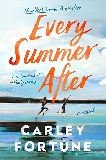 Cover for the novel Every Summer After with two people jumping off a dock in to the water