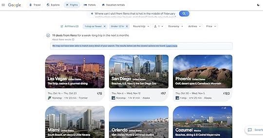 Google flight deals screenshot of results