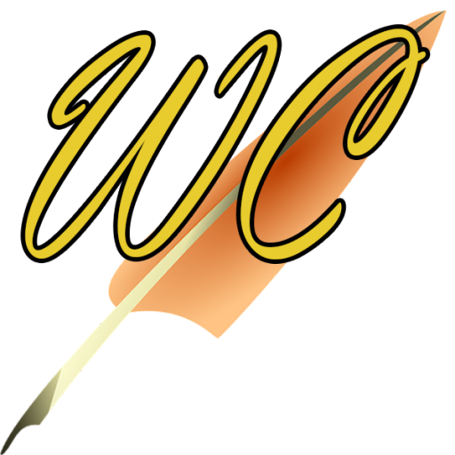 WordCrafter Logo: Feather quill with 'WC' in foreground