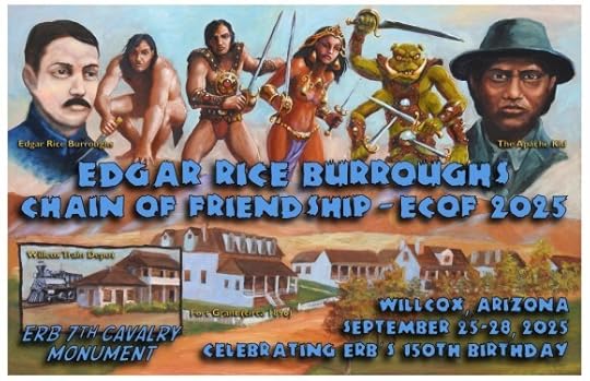 Poster art. The top half of the poster shows Burroughs, Tarzan, John Carter, Dejah Thoris, an Alien, and the Apache Kid. Below is a row of building from Fort Grant.