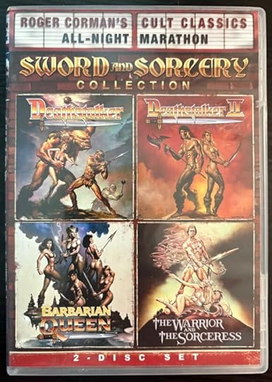 Transparent DVD case. The top is done like a theater marque. The cover shows square posters of the four movies contained within: Deathstalker, Deathstalker 2, Barbarian Queen, and The Warrior and the Sorceress.