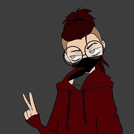 Illustrated author avatar of a white male figure with large glasses and grey eyes, wearing a black face mask covering their nose and mouth. he has a red hoodie and is making the peace sign. One of his fingers has a rainbow thread spiralled around it.