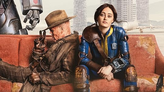 The Ghoul leans on Lucy on an orange couch in the Wasteland in art from Amazon announcing Fallout season 2