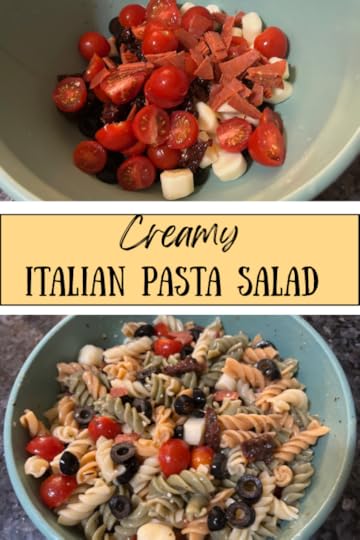 colorful pasta salad with rotini pasta and veggies, tossed in a bowl with dressing. Texas: Creamy Italian Pasta Salad (pin for pinterest)