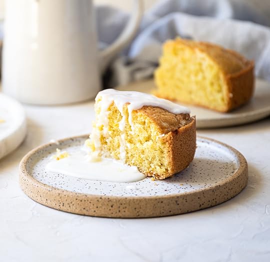 side view of the perfect whole slice of lemon olive oil cake