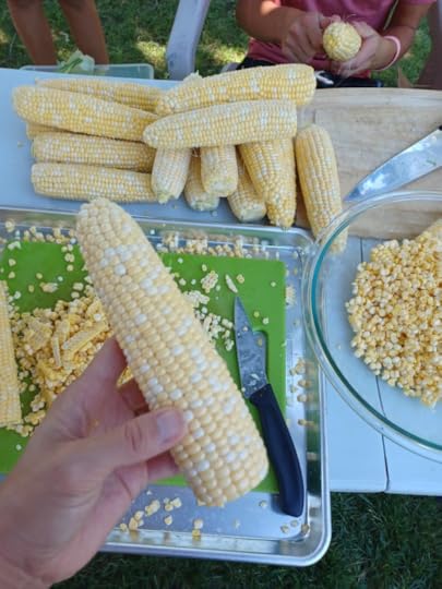 A corn of cob being held up over a pile of whole cobs and a bowl of kernels.
