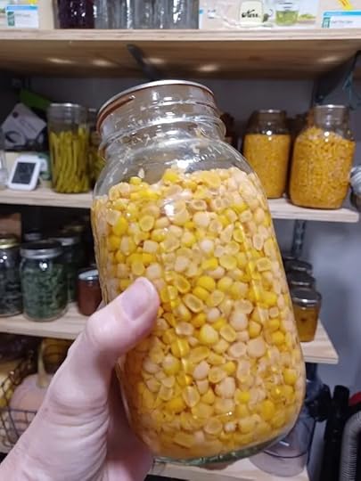 A jar of canned corn in front of a homestead pantry full of other preserved foods