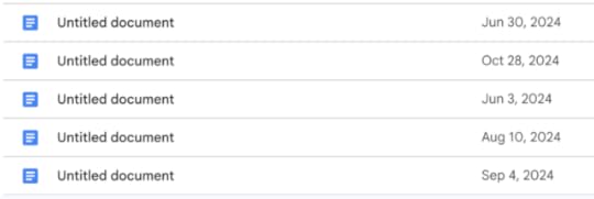 A screenshot of five untiled google docs files, each from a different month of 2024