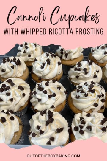 cannoli cupcakes in rows with whipped cream frosting a mini chocolate chips (pin for pinterest)