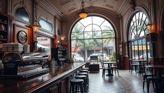 A vintage-style cafe interior in Pematang Siantar, Indonesia. The foreground showcases a classic wooden bar counter with a shiny metal espresso machine, surrounded by retro stools and chairs. The middle ground features weathered tile floors, ornate moldings, and antique light fixtures casting a warm, ambient glow. In the background, large arched windows offer a glimpse of the bustling street outside, with lush palm trees swaying in the breeze. The overall atmosphere evokes a nostalgic, timeless charm that has endured for generations, reflecting the long-standing legacy of Kopi Massa Kok Tong.