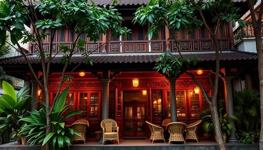 A classic Balinese restaurant facade with a weathered, timeless charm. The two-story building features ornate carved wooden panels, supporting pillars, and a tiled roof. Lush tropical foliage frames the entrance, creating a welcoming, verdant atmosphere. Warm, soft lighting emanates from within, casting a cozy glow and inviting patrons to step inside. The front porch is adorned with antique rattan furniture, hinting at the elegant, nostalgic ambiance that awaits. A sense of history and tradition permeates the scene, reflecting the restaurant's long-standing legacy in the heart of Denpasar.
