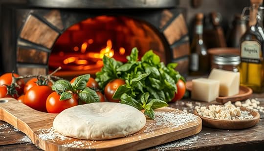 A still life scene of the finest ingredients for an authentic Neapolitan pizza. In the foreground, a wooden pizza peel holds a freshly kneaded dough ball, lightly dusted with flour. Beside it, a selection of fresh San Marzano tomatoes, fragrant basil leaves, and creamy mozzarella di bufala. In the middle ground, a vintage pizza oven with its glowing embers, casting a warm glow over the scene. In the background, a rustic Italian kitchen counter, with a bottle of high-quality extra virgin olive oil and a sprinkling of Pecorino Romano cheese. The lighting is soft and natural, highlighting the rich colors and textures of the ingredients, creating an appetizing and inviting atmosphere.