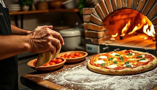 A traditional Neapolitan pizza-making process unfolds in a cozy Italian kitchen. In the foreground, a skilled pizzaiolo expertly kneads the supple dough, their hands moving with practiced precision. The middle ground reveals the preparation of fresh, locally-sourced toppings - ripe San Marzano tomatoes, fragrant basil leaves, and creamy mozzarella di bufala. In the background, a wood-fired brick oven radiates a warm, golden glow, its flames licking the edges of the pizza as it bakes to perfection. The scene is infused with the aroma of yeast, herbs, and the smoky char of the crust, creating an inviting and authentic Neapolitan ambiance.