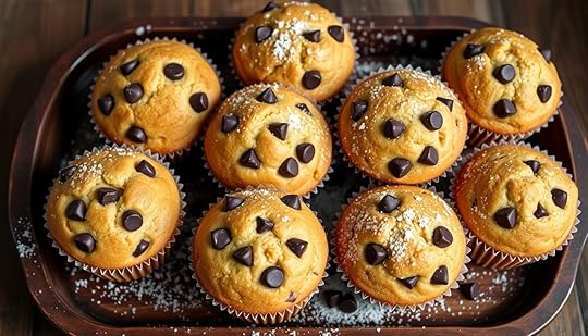 A beautifully arranged tray showcasing a mouthwatering display of homemade chocolate chip banana muffins. The muffins are nestled atop a rustic wooden surface, their golden-brown tops glistening under the soft, natural lighting. Delicate chocolate chips peek out from the moist, tender crumb, while a light dusting of powdered sugar adds a delightful finishing touch. The presentation is both inviting and visually striking, perfectly capturing the tempting allure of these irresistible treats. The scene is photographed from a slightly elevated angle, emphasizing the careful attention to detail in the plating and styling. An artful, appetizing depiction that would make any reader eager to bake and enjoy these scrumptious homemade banana chocolate chip muffins.