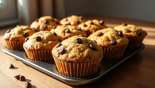 Deliciously moist banana muffins, studded with rich chocolate chips, freshly baked in a sleek muffin tin. Fluffy, golden-brown tops with a soft, tender crumb. Warm, comforting aroma of ripe bananas and melted chocolate wafts through the air. Captured in a crisp, high-resolution photograph, the muffins are arranged artfully on a wooden surface, highlighted by natural lighting streaming in from the side. A minimalist, neutral-toned backdrop allows the muffins to take center stage, showcasing their enticing texture and appealing colors. The overall composition radiates a sense of homemade goodness and irresistible indulgence.