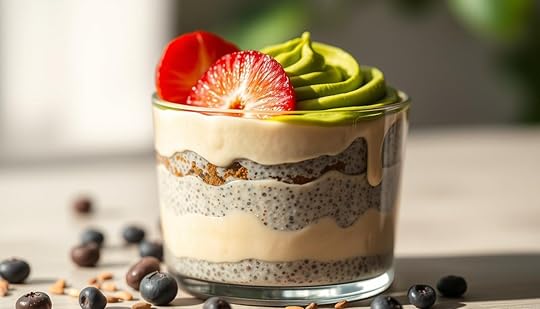 A delectable layered dessert, a creamy chia pudding with a smooth almond milk base, topped with a vibrant matcha swirl and garnished with sliced fresh fruit. The pudding has a silky, custard-like texture, while the matcha provides a delicate bittersweet note to balance the sweetness. Soft natural lighting illuminates the dessert, highlighting the contrasting colors and textures. The composition is centered, with the pudding occupying the foreground and the fruit accents in the middle ground. The background is a soft, blurred backdrop, allowing the dessert to be the focal point.