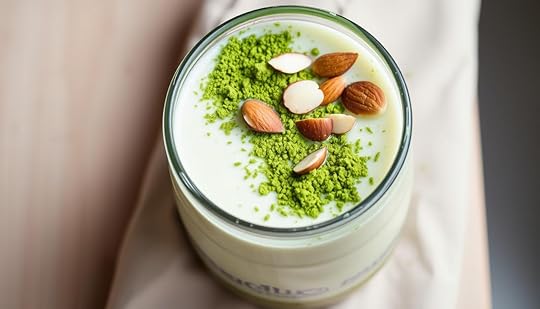A glass container filled with creamy, chilled chia pudding, its surface dotted with vibrant green matcha powder and scattered with sliced almonds. The pudding is layered with a smooth almond milk custard, creating a visually appealing and healthful treat. The container is set against a soft, natural background, perhaps a wooden table or neutral-toned backdrop, emphasizing the simplicity and wholesome nature of the dessert. Soft, diffused lighting gently illuminates the scene, casting subtle shadows and highlighting the textural elements. The overall composition evokes a sense of freshness, nourishment, and thoughtful food preparation.