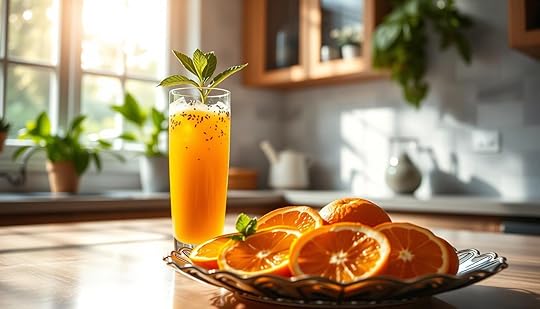 A sun-dappled kitchen counter, adorned with freshly squeezed orange juice, garnished with a sprinkling of chia seeds and a sprig of mint. The glass radiates a vibrant, golden hue, casting a warm glow across the scene. In the foreground, an elegant serving tray holds a selection of sliced oranges, their vibrant rinds glistening under the soft, diffused lighting. In the background, a window frames a lush, verdant garden, hinting at the health-conscious, natural vibe of the setting. The overall atmosphere exudes a sense of wholesome nourishment and inviting presentation, perfectly capturing the essence of