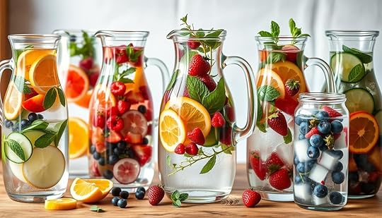 A vibrant and refreshing display of infused water varieties, captured in a rustic, natural setting. In the foreground, an assortment of glass pitchers filled with clear water, infused with an array of fresh fruits, herbs, and botanicals, such as sliced citrus, berries, mint leaves, and cucumber slices. The middle ground features a wooden table or surface, with a few scattered ingredients and sprigs of greenery, creating a sense of artful, effortless arrangement. The background showcases a light, airy atmosphere, perhaps with soft, diffused lighting, hinting at the inviting and healthy nature of these infused water creations. The overall composition evokes a sense of simplicity, wellness, and the vibrant flavors and aromas of these delightful, customizable infused water recipes.