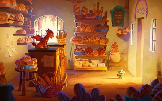 A spread of Ember the tiny red dragon peering over a bakery counter at a little fairy made up of turnip components. The fairy is bowing in a beam of sunset light. The bakery is laden with golden bread. Ember is silhouetted against a bright window.