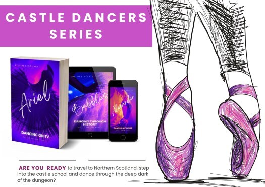 Castle Dancers Series by Ailish Sinclair - drawing of ballet feet en pointe, pink and purple with similarly coloured covers