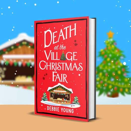 image of book cover against snowy background with Christmas tree and market hut