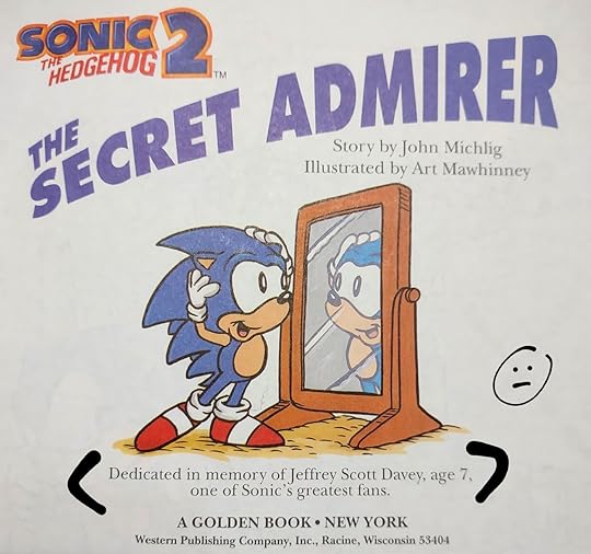 Sonic the Hedgehog 2: The Secret Admirer title page, with dedication 'in memory of Jeffrey Scott Davey, age 7, one of Sonic's greatest fans.'