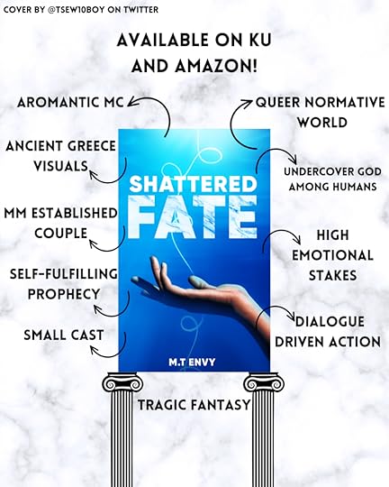 The cover is in the middle, and arrows go all around it to list the following tropes and information : Aromantic MC, MM established relationship, Ancient Greece visuals, Undercover gods among humans, Small cast, High emotional stakes, Dialogue Driven action, Self-fulfilling prophecy, Queer normative world. It also indicates the novella is available on Amazon and KU.