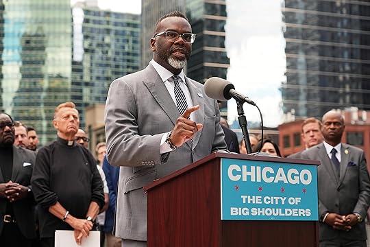 Chicago Mayor Brandon Johnson speaks during a news conference at...