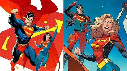 Superman, Superwoman, Superboy, and Supergirl in DC Comics. Art by Dan Mora.