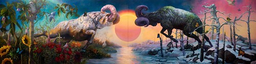 “Duel” (full diptych) (oil on panel, left side: 36” x 72”, right side: 36” x 72”). From Los Angeles’ Corey Helford Gallery: Deus ex Terra By Martin Wittfooth 