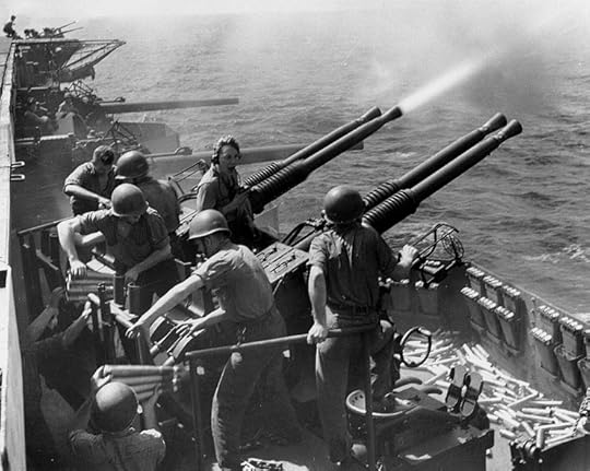 Bofors 40-mm antiaircraft guns firing on board carrier USS Hornet, 16 Feb 1945 (US Navy photo: 80-G-413915)