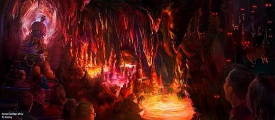 Concept art for the Rainbow Caverns turned blood red at Big Thunder Mountain in Magic Kingdom