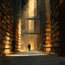 A vast and beautiful library full of books and light stretches into the distance. A lone figure wanders the stacks