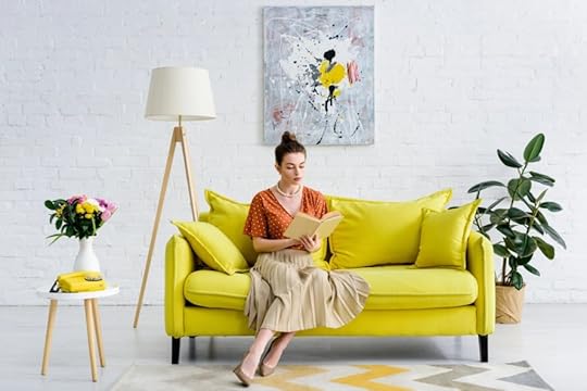 art painting canvas wall art with woman sitting on green couch