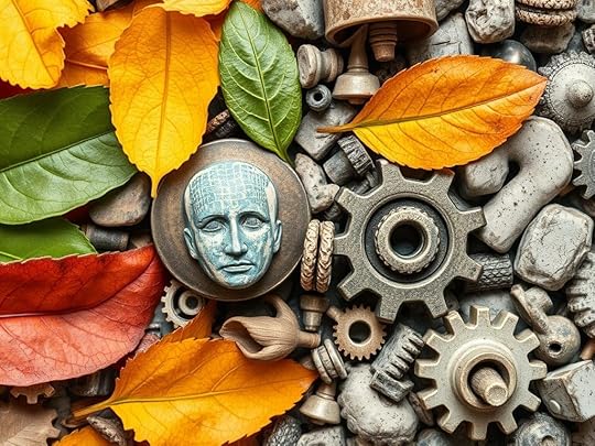 Una composición artística que combina hojas de otoño de colores diversos con engranajes y piezas metálicas, junto a una figura de rostro humano con un diseño de red, reflejando la interacción entre la naturaleza y la tecnología.