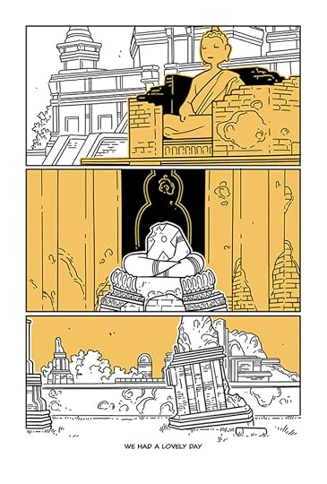 Description: A three panel comic page in black, white, and yellow, featuring different snapshots from around various Bangkok temples. Text below reads: 'We had a lovely day.'