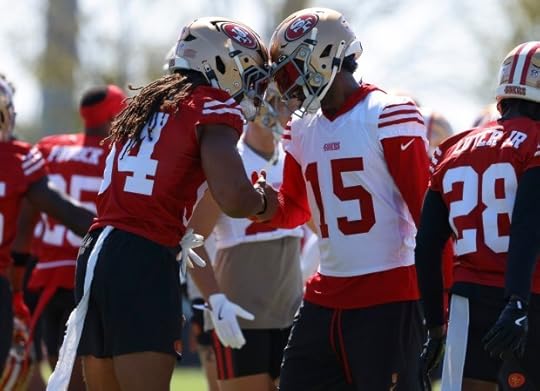 San Francisco 49ers' Fred Warner (54) high-fives San Francisco 49ers' Jauan Jennings (15) during practice at the practice facility at Levi's Stadium in Santa Clara, Calif., on Monday, Sept. 1, 2025. (Nhat V. Meyer/Bay Area News Group)