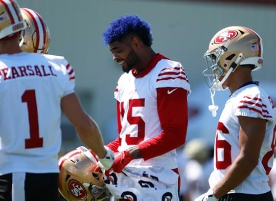 San Francisco 49ers' Jauan Jennings (15) smiles during practice at the practice facility at Levi's Stadium in Santa Clara, Calif., on Monday, Sept. 1, 2025. (Nhat V. Meyer/Bay Area News Group)