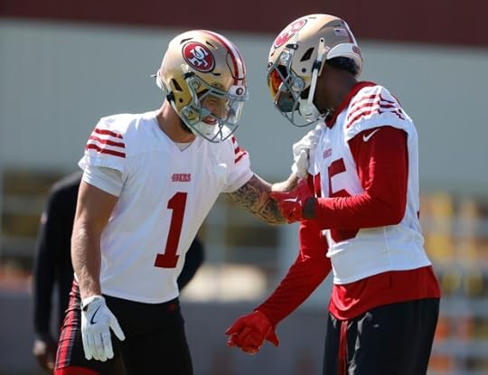 San Francisco 49ers' Ricky Pearsall (1) and San Francisco 49ers' Jauan Jennings (15) smile during practice at the practice facility at Levi's Stadium in Santa Clara, Calif., on Monday, Sept. 1, 2025. (Nhat V. Meyer/Bay Area News Group)