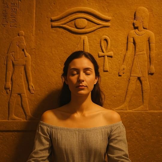 A woman with closed eyes gently touches her forehead between the brows, symbolizing activation of the third eye and alignment with pineal gland frequencies.