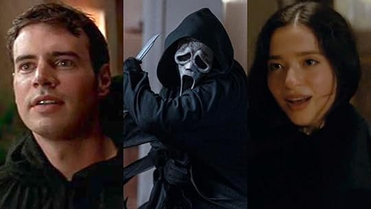 image of two ghostface killers without mask and one ghostface in mask with a knife