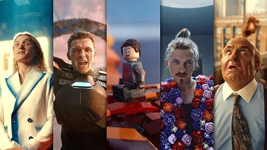 Tom Holland in four different roles centered by him as a LEGO minifg