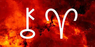 Astrological symbols for Chiron and Aries against a cosmic red background.