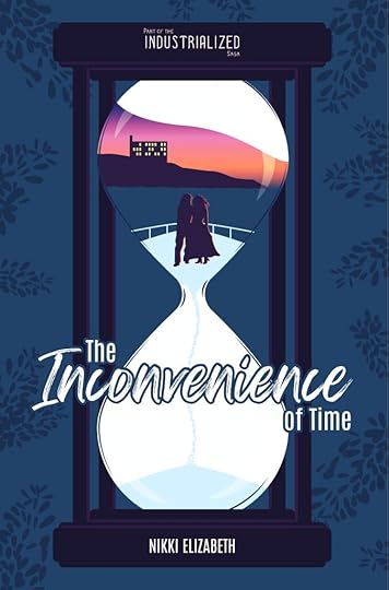 An hourglass against a blue background with wisteria petals shows a couple canoodling on a ship approaching a sunset-hued shoreline within an hourglass.