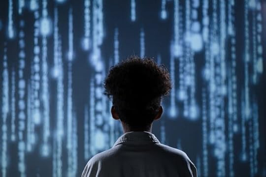 Back view of a person looking at a wall of cascading blue code, a visual metaphor to wake up from the matrix and see beyond the simulation.
