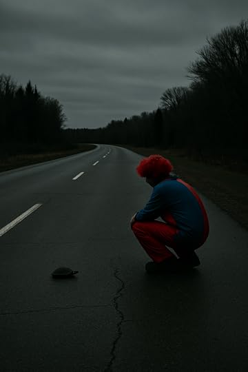 A clown in colorful attire crouches on a deserted road, focused on a turtle in front of him, with overcast skies and trees lining the background.