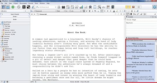 A screen shot of Scrivener in use from author KM Weiland's website that highlights using the project notes window.