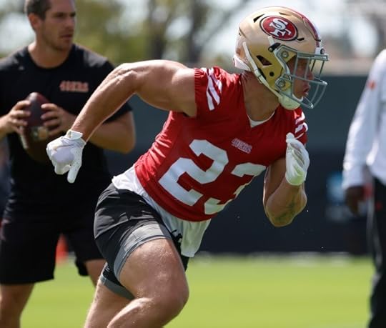 San Francisco 49ers' Christian McCaffrey (23) runs on the field during practice at the 49ers training camp at the practice facility at Levi's Stadium in Santa Clara, Calif., on Wednesday, July 23, 2025. (Nhat V. Meyer/Bay Area News Group)
